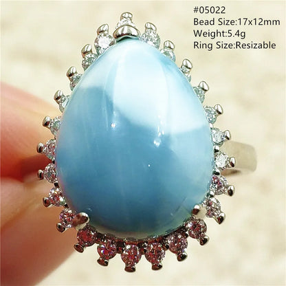 Natural Blue Larimar Gemstone Adjustable Ring Oval 925 Sterling Silver Dominica Women Water Pattern Larimar Ring AAAAAA