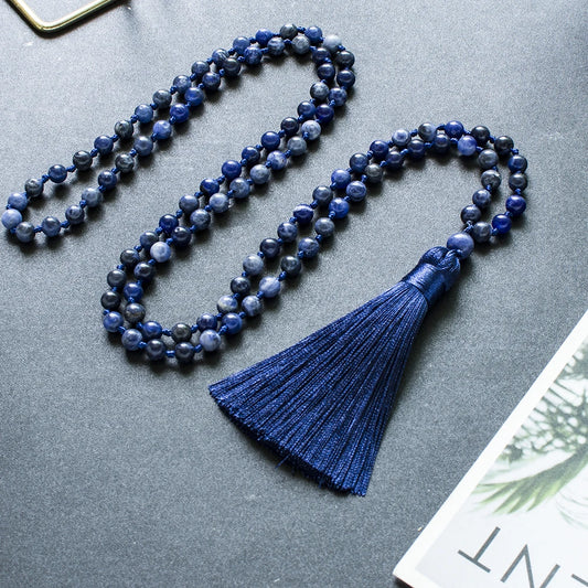 6mm Natural Sodalite Beaded Knotted 108 Mala Necklace Meditation Yoga Prayer Boho Tassel Jewelry Rosary for Women