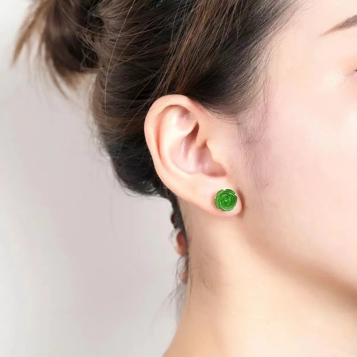 Pendientes de plata 925 con forma de rosa de jade verde natural, abalorios, joyería, accesorios de moda, amuleto tallado a mano para hombre y mujer, regalos