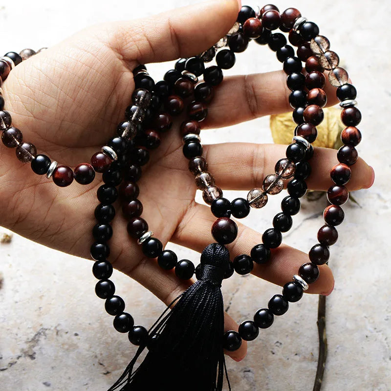 108 Beads Malas 8MM Tiger Eye Onyx Healing Crystal Tassel Spiritual Meditation Yoga Necklace Bracelet Jewelry Set