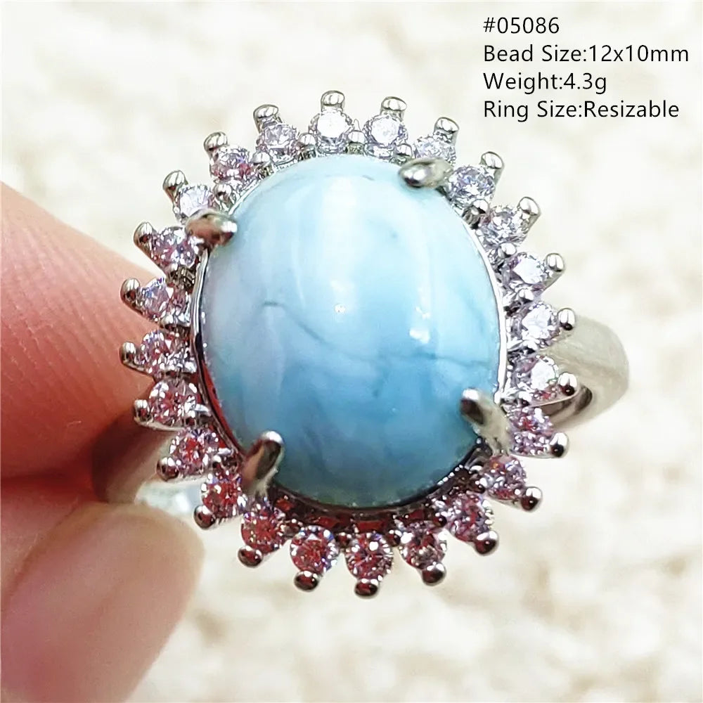 Natural Blue Larimar Gemstone Adjustable Ring Oval 925 Sterling Silver Dominica Women Water Pattern Larimar Ring AAAAAA