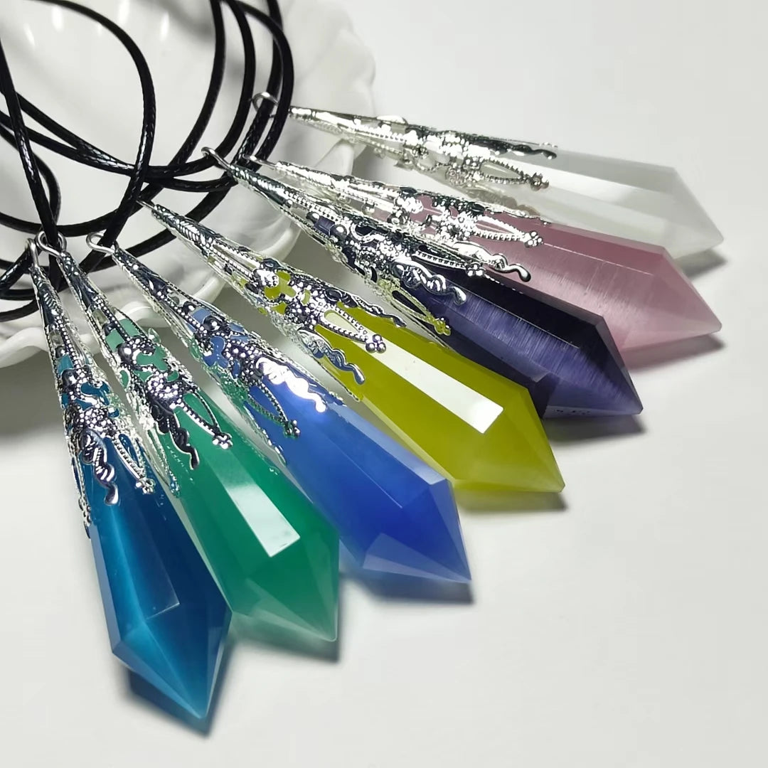 Pêndulos de pedra opala natural, coluna hexagonal, ponto de cristal, cor prata, pingentes de cristal de chakra, pêndulo de reiki, pêndulo de radiestesia