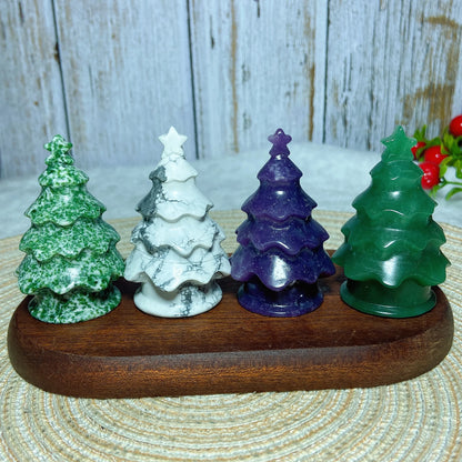 Jaspe verde de cristal natural, lepidolita, howlita, aventurina verde, tallado de árbol de Navidad, energía Reiki, decoraciones para el hogar, regalo mineral