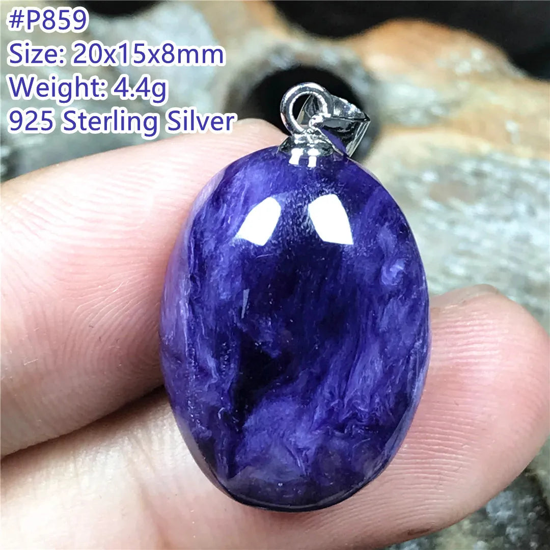 Colgante de collar de charoita morada natural de primera calidad, joyería para mujeres, hombres, regalo de suerte, cuentas de plata de cristal de belleza, piedra rusa AAAAA