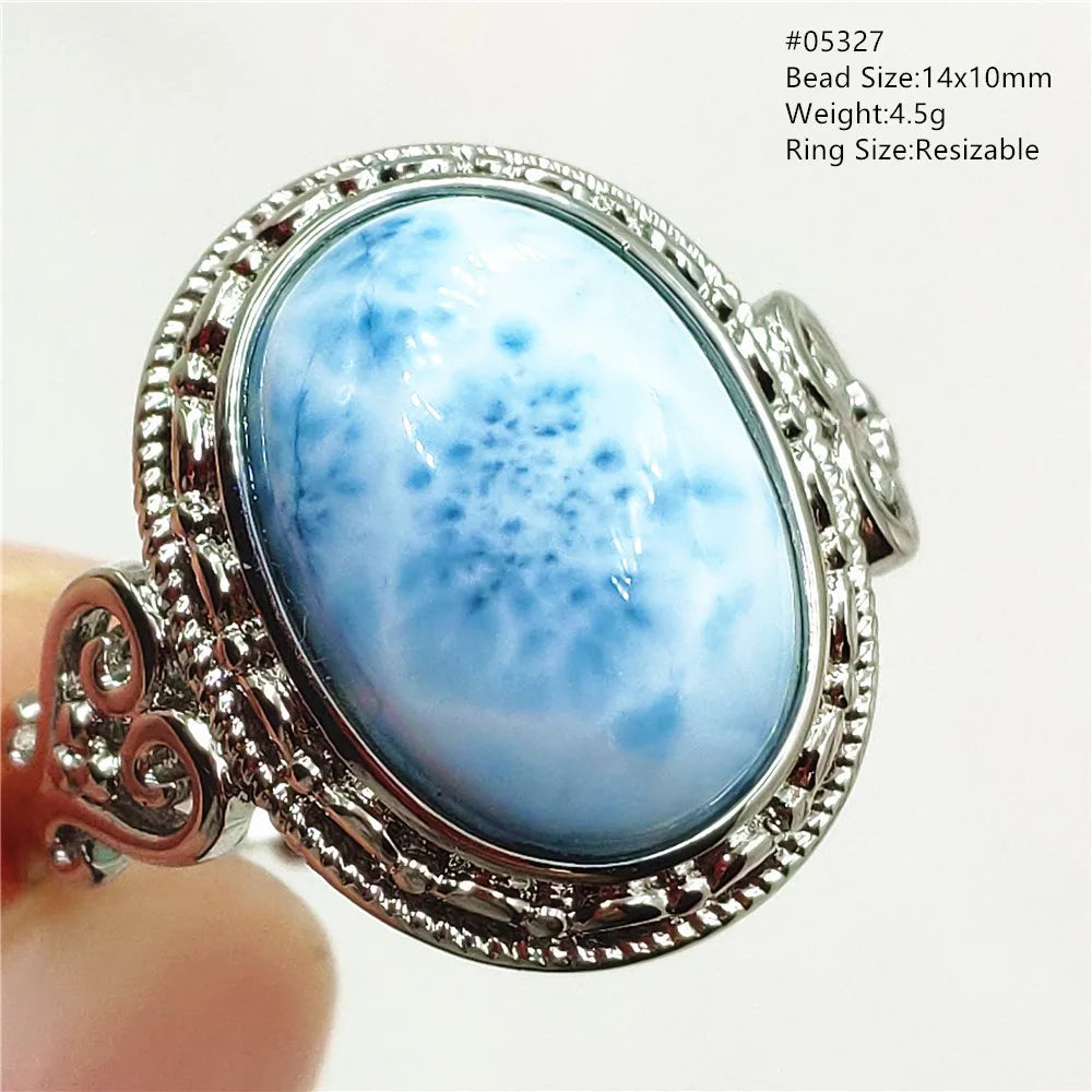 Natural Blue Larimar Gemstone Adjustable Ring Oval 925 Sterling Silver Dominica Women Water Pattern Larimar Ring AAAAAA