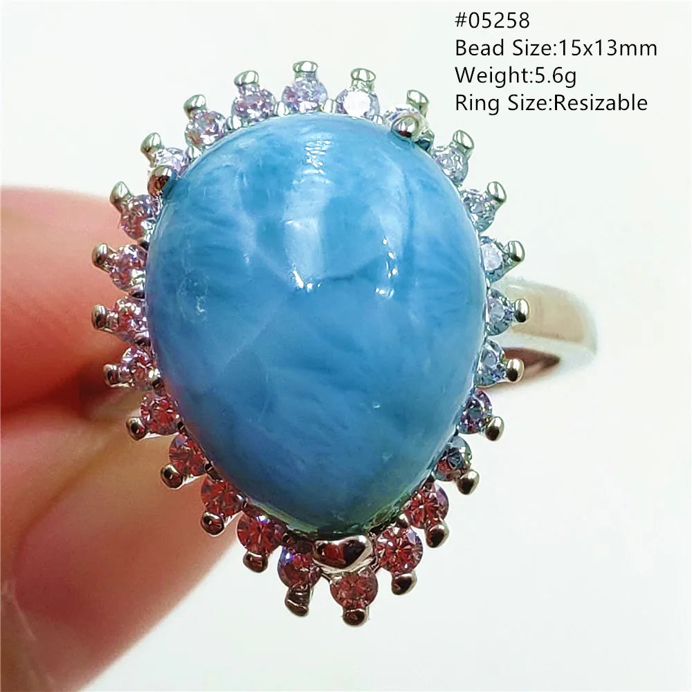 Natural Blue Larimar Gemstone Adjustable Ring Oval 925 Sterling Silver Dominica Women Water Pattern Larimar Ring AAAAAA