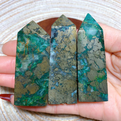 Natural Crystal Dioptase Tower Pyrite Healing Wholesale Gemstone Energy Polished Obelisk Precious Gift