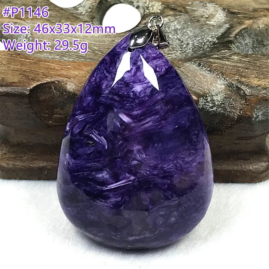 Colgante de collar de charoita morada natural de primera calidad, joyería para mujeres, hombres, regalo de suerte, cuentas de plata de cristal de belleza, piedra rusa AAAAA