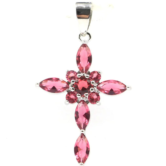 Buy 3 Get 1 Free 42x24mm 3.6g Cross Pink Raspberry Rhodolite Garnet Swiss Blue Topaz Women Daily Wear Silver Pendant