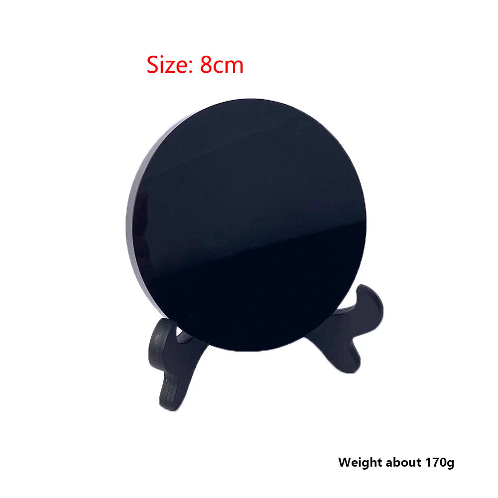 Natural Crystal Obsidian Divination Mirror Polished Round Plate Home Divination Witchcraft Fengshui Decor Gifts with Stand