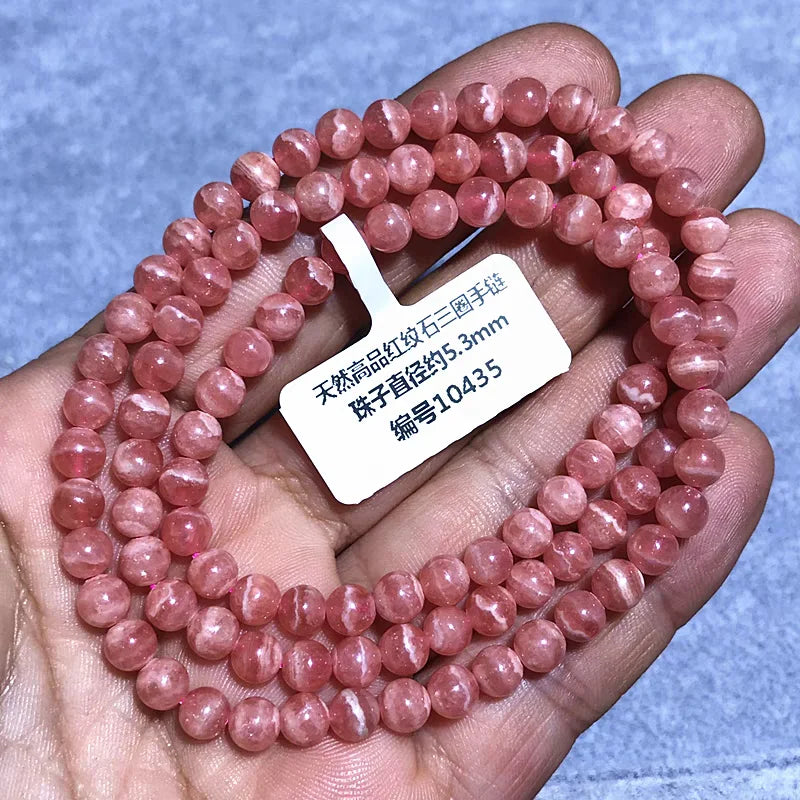 Natural Rose Rhodochrosite 3 Laps Clear Beads Bracelet Gemstone 5.3MM Red Rhodochrosite Jewelry AAAAA