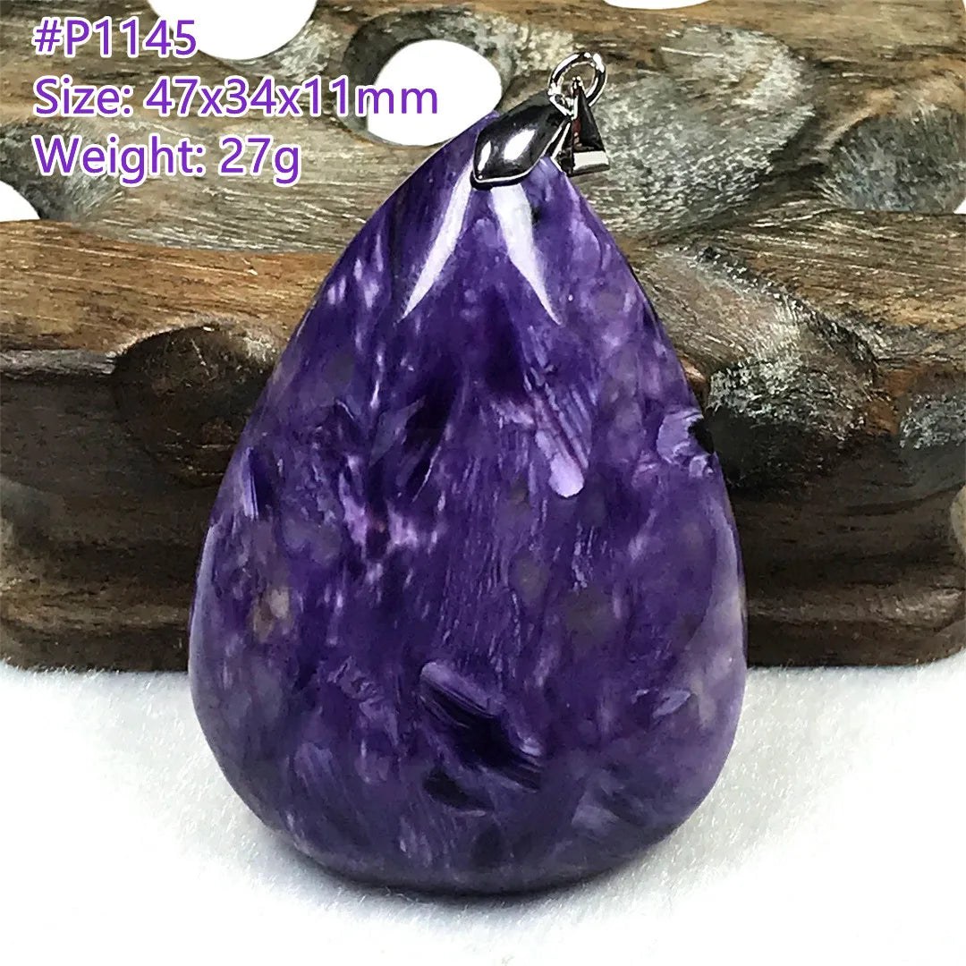 Colgante de collar de charoita morada natural de primera calidad, joyería para mujeres, hombres, regalo de suerte, cuentas de plata de cristal de belleza, piedra rusa AAAAA