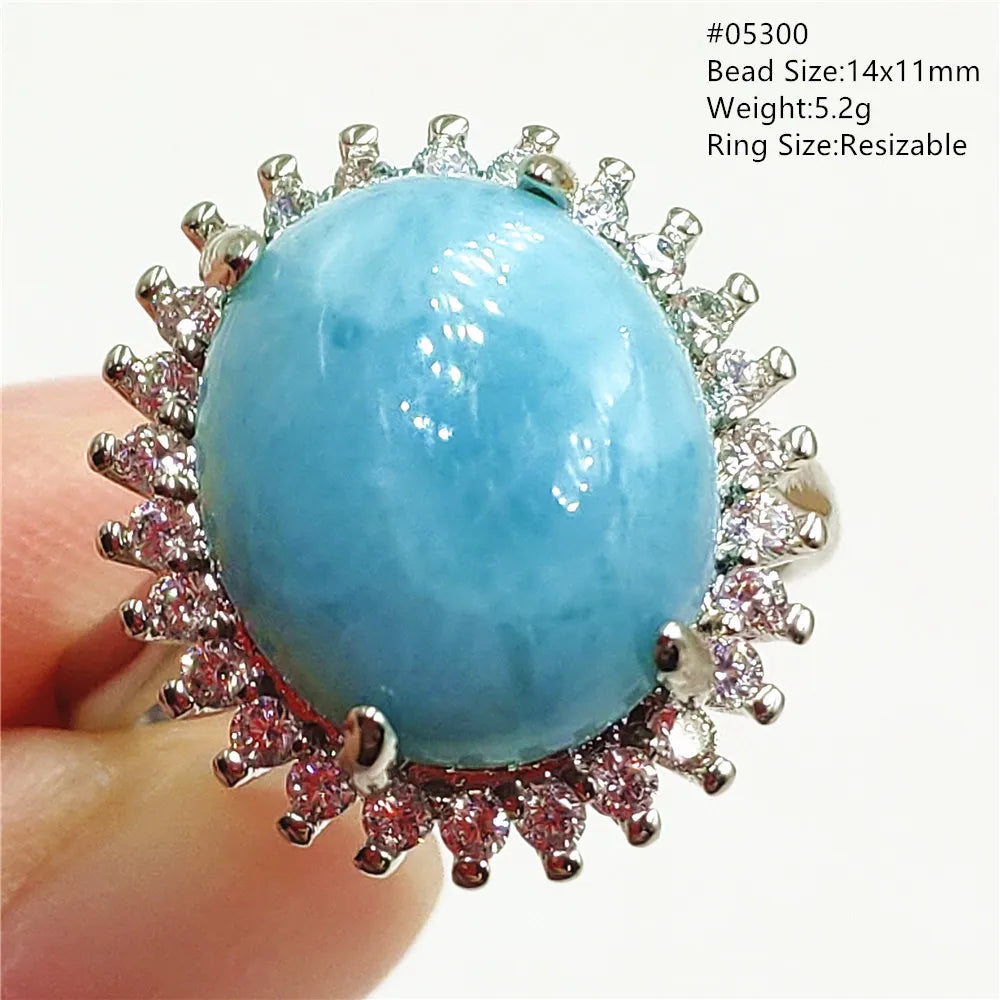 Natural Blue Larimar Gemstone Adjustable Ring Oval 925 Sterling Silver Dominica Women Water Pattern Larimar Ring AAAAAA