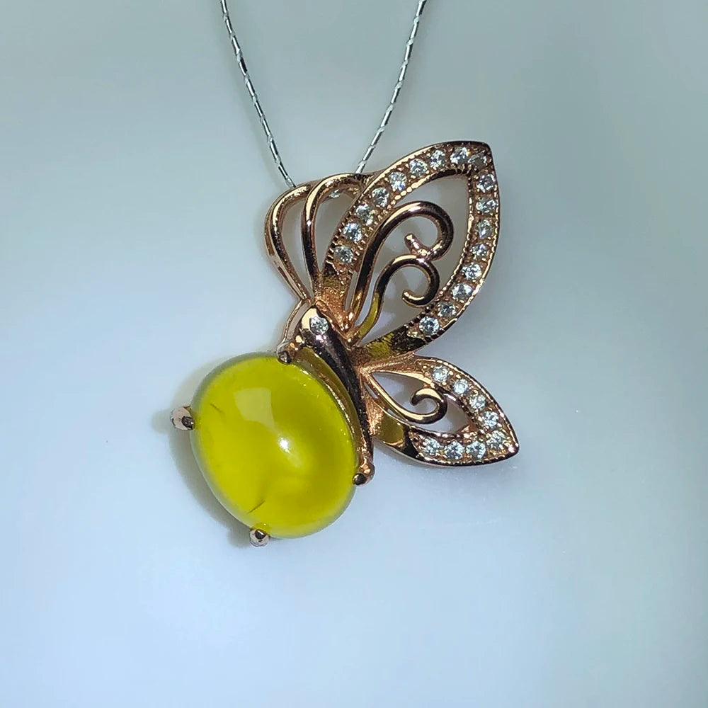 Natural prehnite silver pendant, oval 8mm*10mm, yellow and light color,  romantic gift for girls, beautiful butterfly