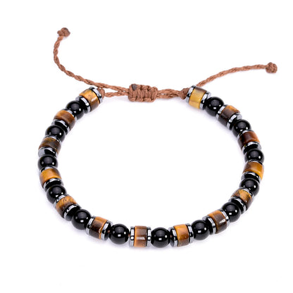 Triple Protection Bracelet Tiger eye Obsidian Hematite 6mm Beads Braided Brown Wax Rope Waterproofing Luck Crystals for Women