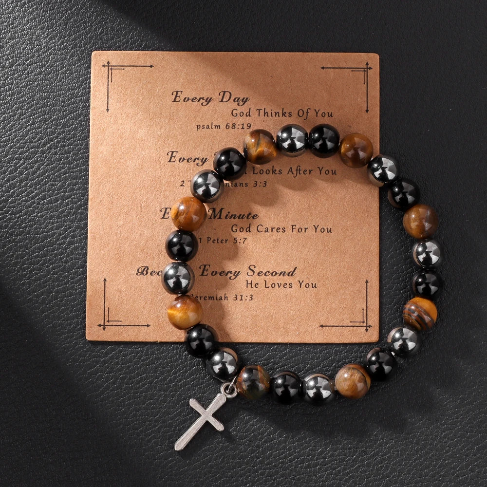 New Natural Pink Zebra Stone Bracelet Round Tiger Eye Hematite Beads Cross Pendant Bracelets with Card for Women Men Jewelry