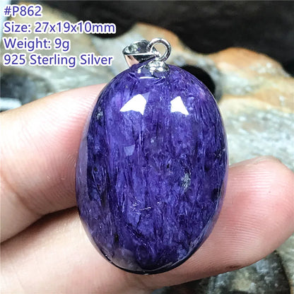 Colgante de collar de charoita morada natural de primera calidad, joyería para mujeres, hombres, regalo de suerte, cuentas de plata de cristal de belleza, piedra rusa AAAAA