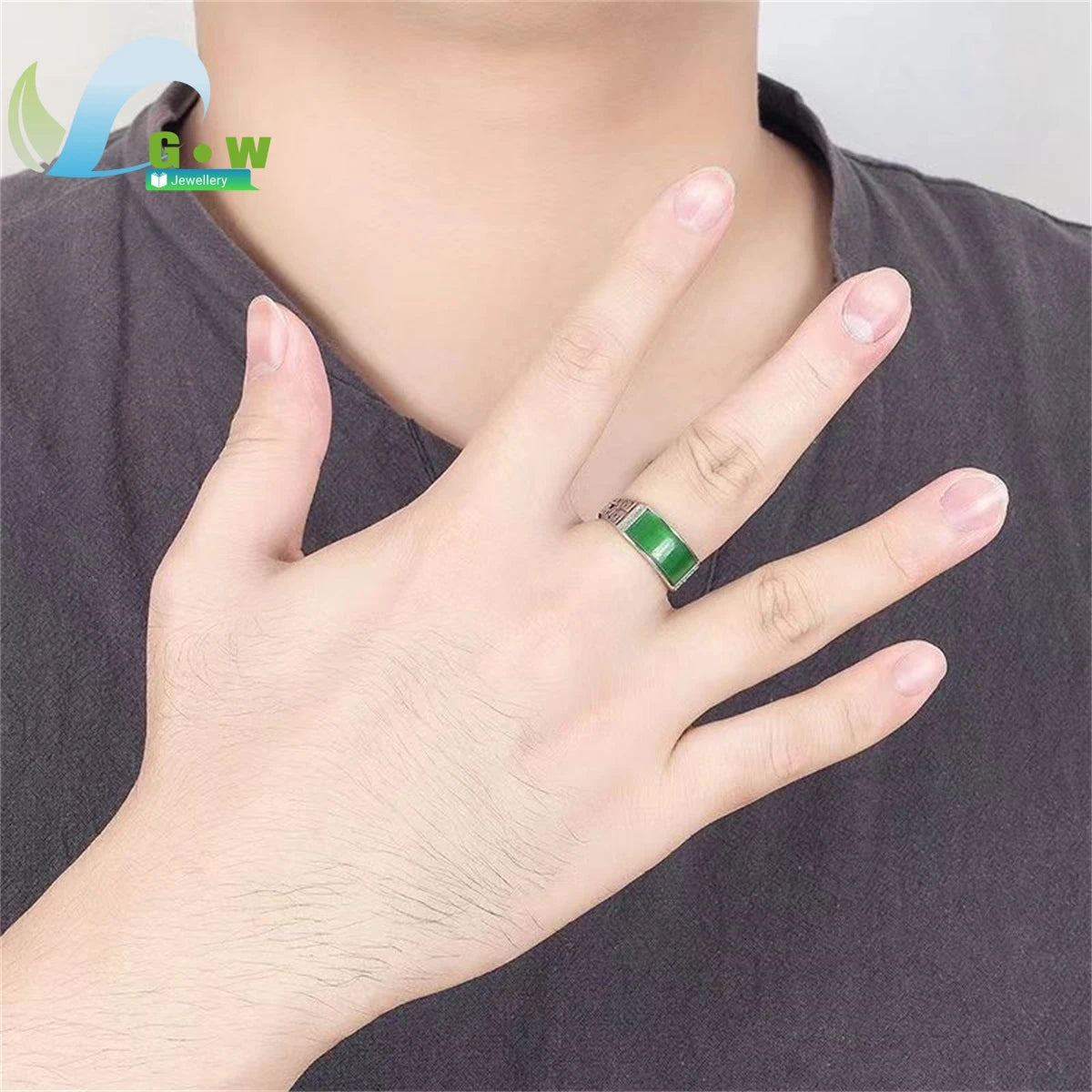 Domineering Chrysoprase Men's Ring Hetian Jade Jasper Set Spinach Green Versatile Charm Jewelry Fashion Retro Personality Gift