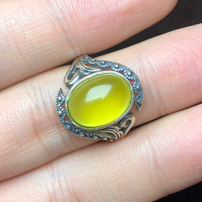 Natural yellow prehnite 925 sterling silver rings for women and man, Oval stone,Bone pattern statement jewelry