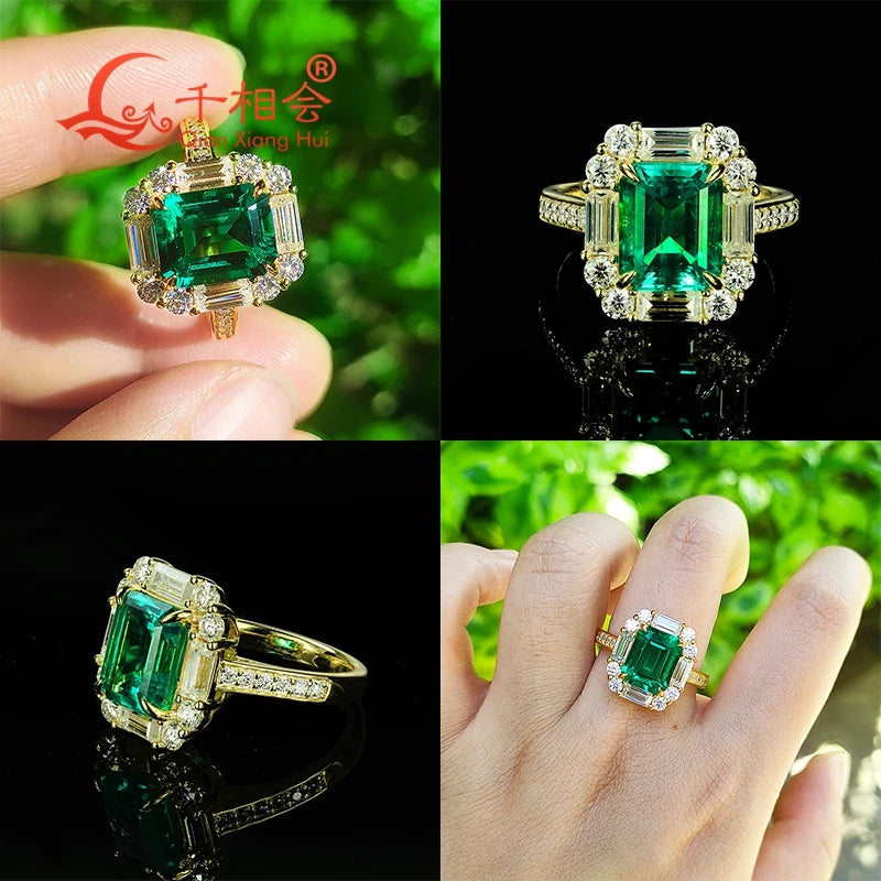 8*10MM green emerald   925 silver yellow gold plated emerald ring with whtie moissanite Wedding Engagement Party Gifts