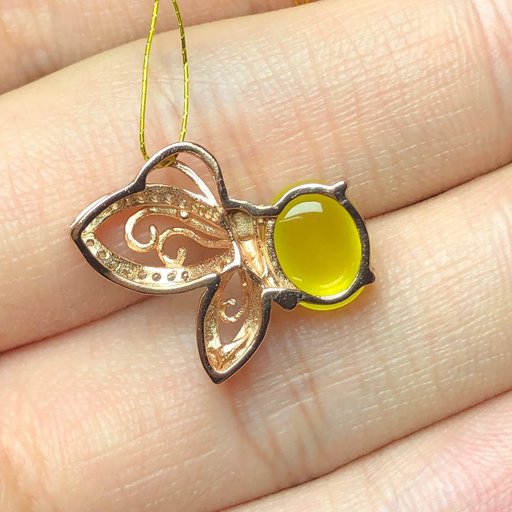 Natural prehnite silver pendant, oval 8mm*10mm, yellow and light color,  romantic gift for girls, beautiful butterfly