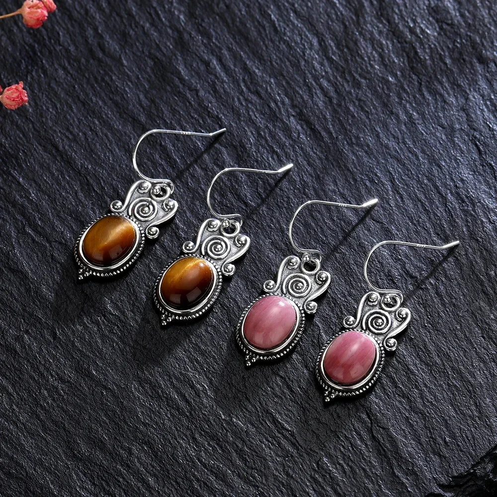 Natural Tiger's Eye Stone Drop Earrings 925 Sterling Silver Earrings for Women New Style Rhodochrosite Vintage Ear Jewelry