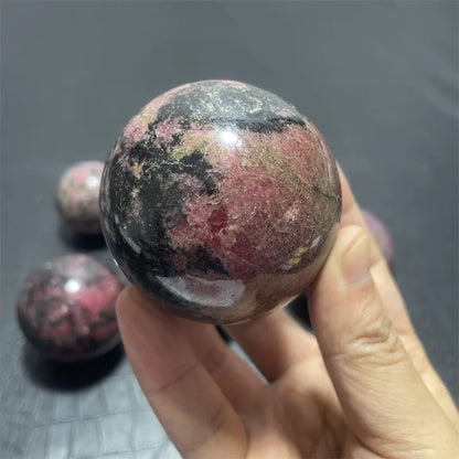 Natural Rhodochrosite Balls Sphere with Wood Base Plum Blossom Tourmaline Magic Crystals Stress Relief Feng Shui