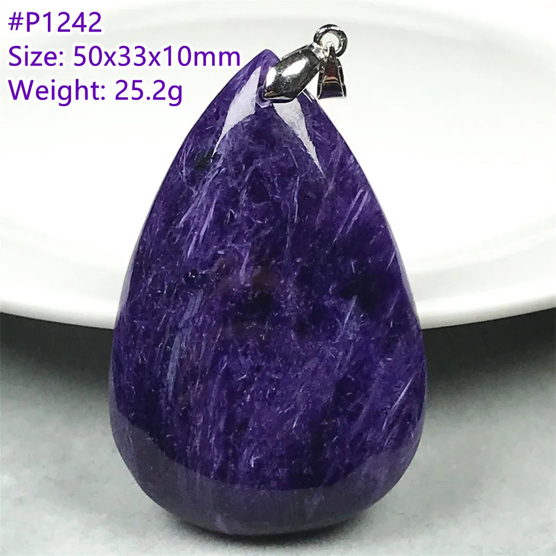 Colgante de collar de charoita morada natural de primera calidad, joyería para mujeres, hombres, regalo de suerte, cuentas de plata de cristal de belleza, piedra rusa AAAAA