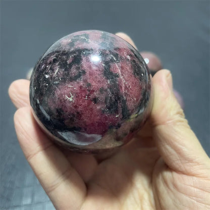 Natural Rhodochrosite Balls Sphere with Wood Base Plum Blossom Tourmaline Magic Crystals Stress Relief Feng Shui