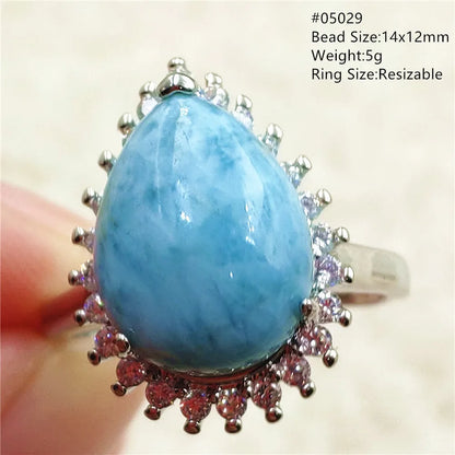 Natural Blue Larimar Gemstone Adjustable Ring Oval 925 Sterling Silver Dominica Women Water Pattern Larimar Ring AAAAAA