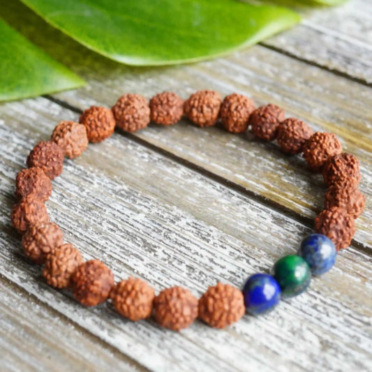 Pulseira de contas de crisocola com pedra preciosa Rudraksha redonda natural de 6 mm, joia de pulso espiritual, oração, ioga, feita à mão, calmante mental