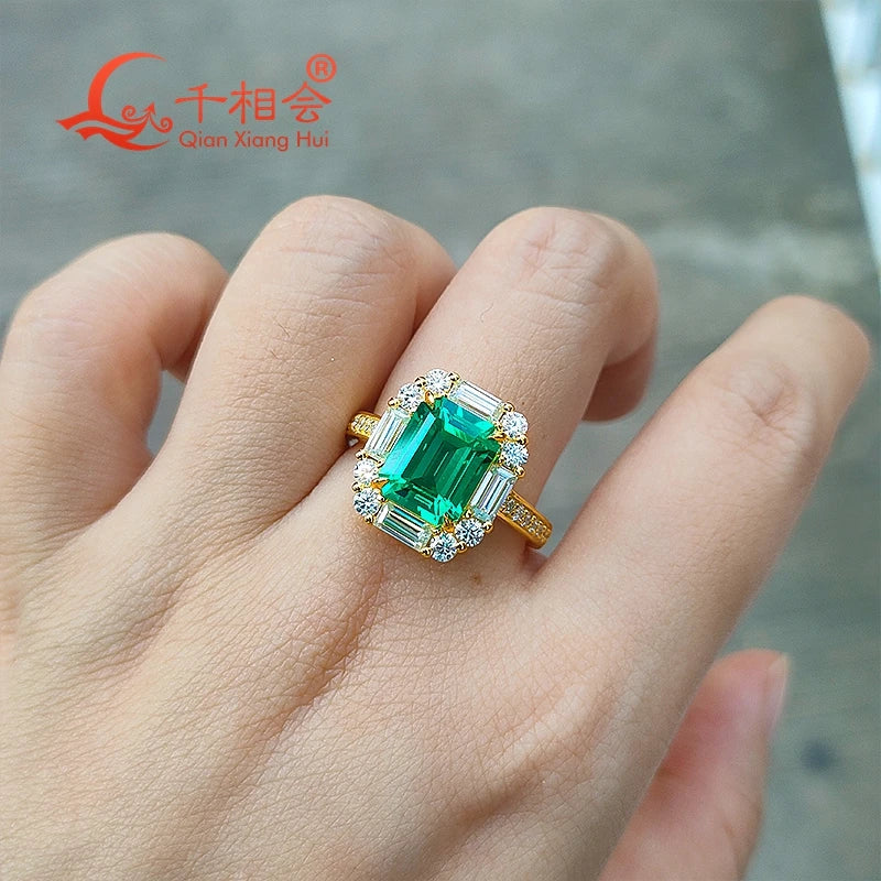 8*10MM green emerald   925 silver yellow gold plated emerald ring with whtie moissanite Wedding Engagement Party Gifts