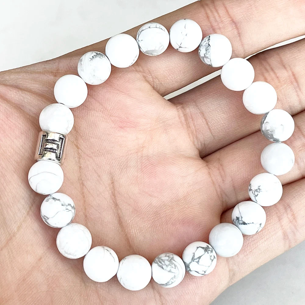 MG1661 Gemini Zodiac Womens Bracelet 8 MM Howlite White Turquoise Energy Wrist Mala Natural Handmade Gemstone Jewelry