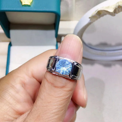 2ct Brilliant Light Blue Topaz Man Ring 8mm*8mm Natural Topaz Ring for Man 925 Silver Topaz Jewelry for Daily Wear