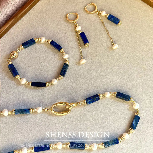 Exclusive Design Personalized Natural Freshwater Pearl Lapis lazuli Necklace Bracelet Earrings Copper Plated 14k Gold Accessorie