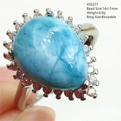 Natural Blue Larimar Gemstone Adjustable Ring Oval 925 Sterling Silver Dominica Women Water Pattern Larimar Ring AAAAAA