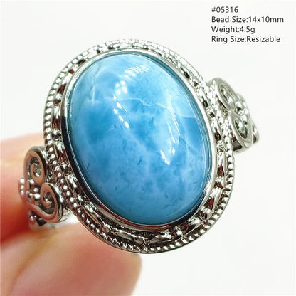 Natural Blue Larimar Gemstone Adjustable Ring Oval 925 Sterling Silver Dominica Women Water Pattern Larimar Ring AAAAAA