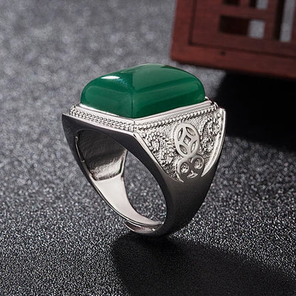 HOYON Vintage Green Agate &amp; Chrysoprase 925 Sterling Silver Ring â€“ Unique, Stylish, and Powerful Cocktail Ring for Men