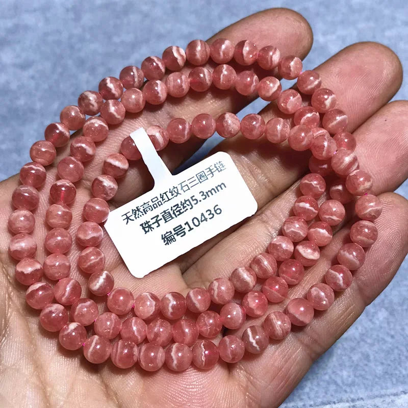 Natural Rose Rhodochrosite 3 Laps Clear Beads Bracelet Gemstone 5.3MM Red Rhodochrosite Jewelry AAAAA