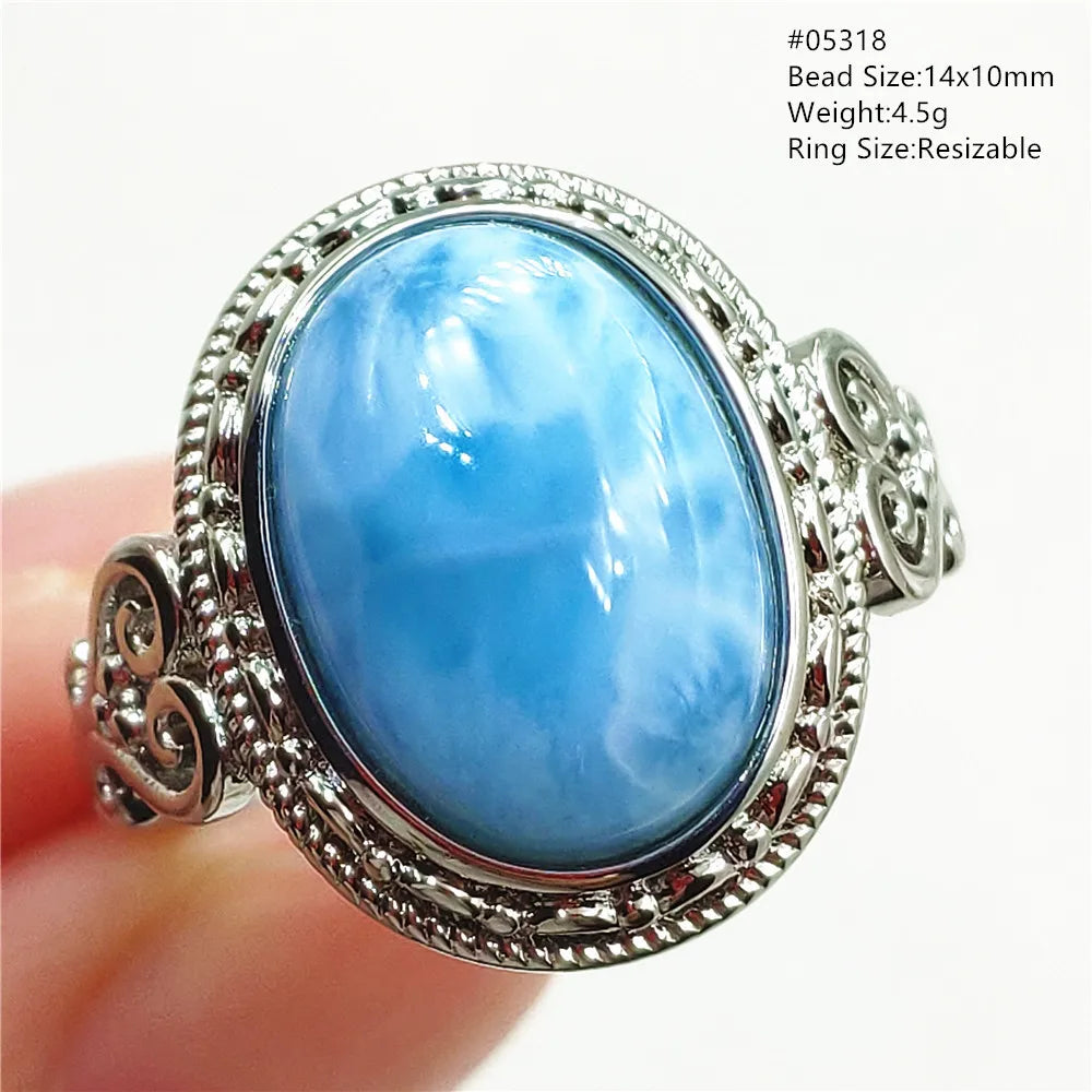 Natural Blue Larimar Gemstone Adjustable Ring Oval 925 Sterling Silver Dominica Women Water Pattern Larimar Ring AAAAAA