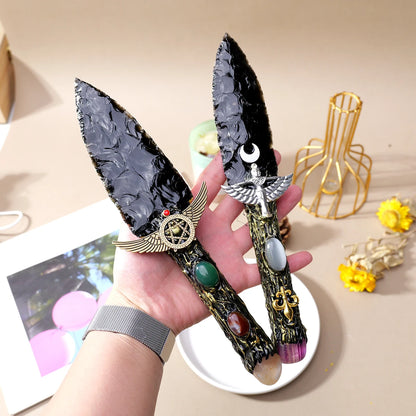 1PC Natural Obsidian Crystal Knife Black Ninja Dagger Polished Energy Gemstone Collect Crystal Gift Props