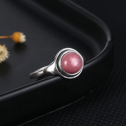 Romantic Natural Rhodochrosite 925 Sterling Silver Luxury Wedding Party Anniversary Gift Round Tiger Eye Retro Ring for Women