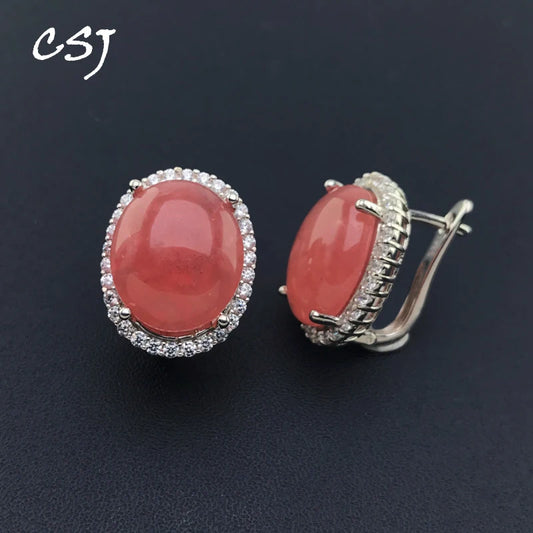 CSJ Genuine Natural Rhodochrosite Earrings Sterling 925 Silver Amazonite Oval12*16mm for Women Birthday Party Jewelry Gift