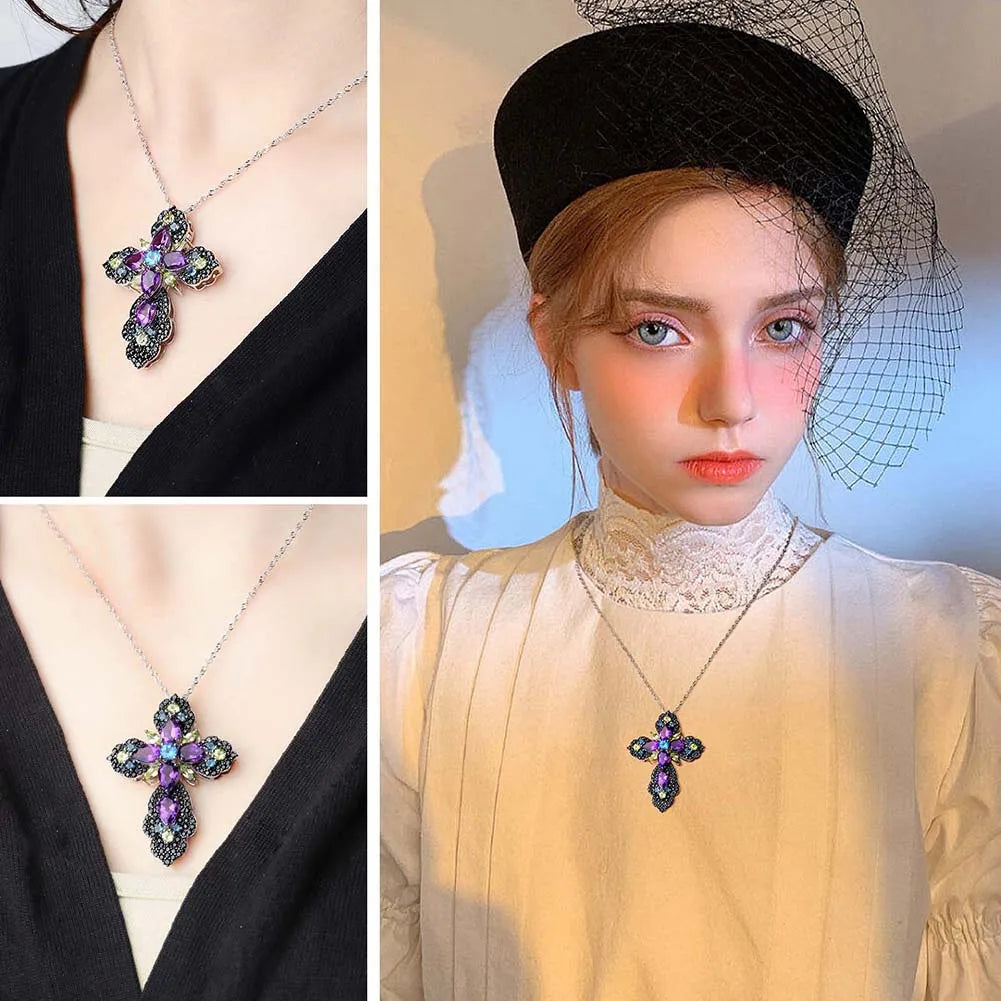 GZ ZONGFA Natural Colorful Gemstone Sterling Silver Cross Pendant Carats Genuine Amethyst Citrine Peridot Classic Women Jewelry