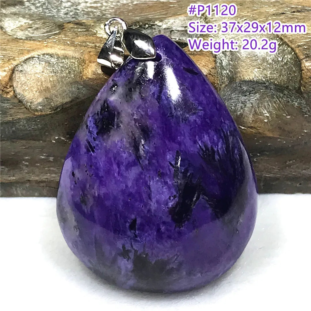 Colgante de collar de charoita morada natural de primera calidad, joyería para mujeres, hombres, regalo de suerte, cuentas de plata de cristal de belleza, piedra rusa AAAAA