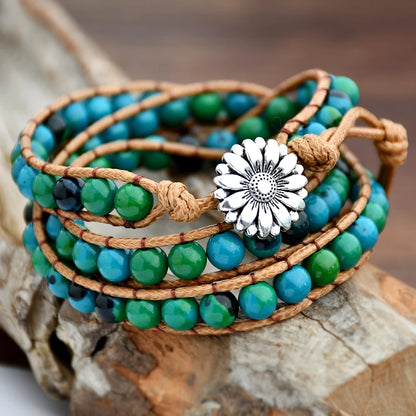 Natural Stone Leather Wrap Bracelet Women Fashion Green Chrysocolla Beaded 3-layers Adjustable Bohemian Long Bracelets