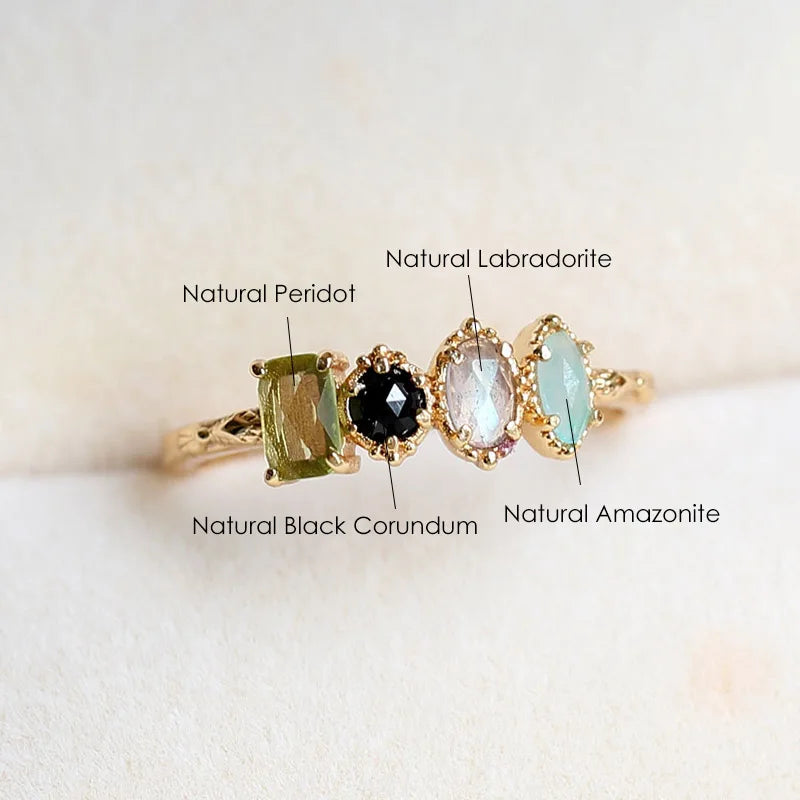 LAMOON Gemstone Rings For Women Natural Peridot Corundum Labradorite Amazonite Ring 925 Sterling Silver Gold Vermeil Jewelry