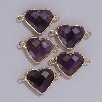 2PCS Rose Quartz Heart Stone Connector Natural Amethysts Strawberry Opal Double Hole Pendant For Jewelry Making DIY Bracelet