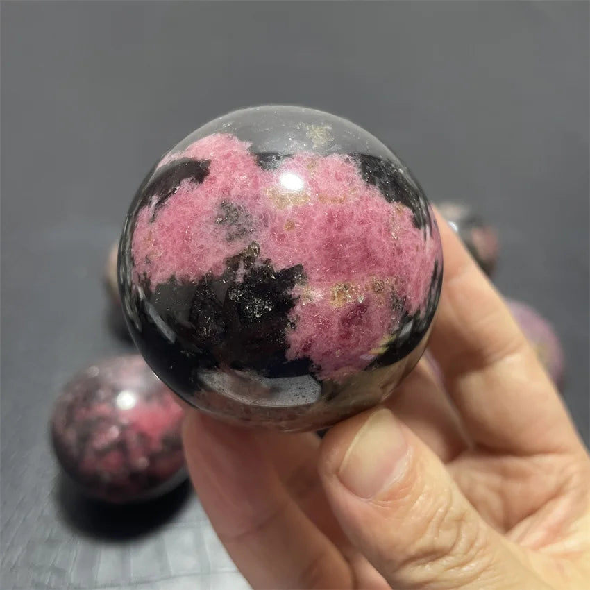 Natural Rhodochrosite Balls Sphere with Wood Base Plum Blossom Tourmaline Magic Crystals Stress Relief Feng Shui