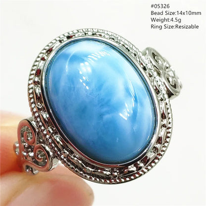 Natural Blue Larimar Gemstone Adjustable Ring Oval 925 Sterling Silver Dominica Women Water Pattern Larimar Ring AAAAAA